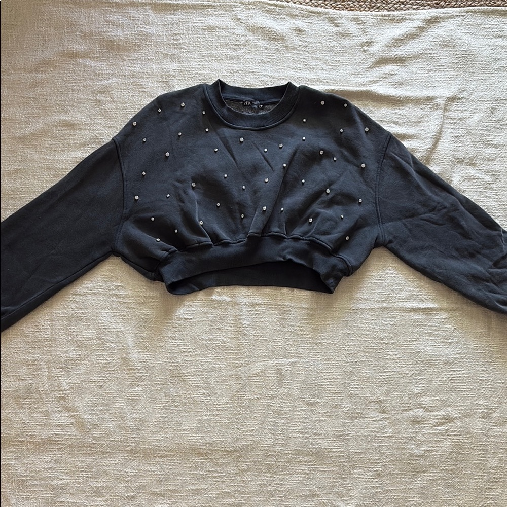 Zara Black Cropped Embellished Hoodie